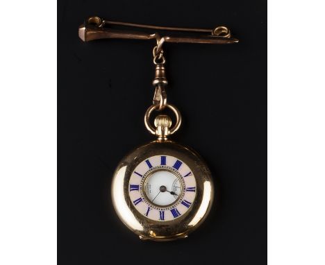 A 15CT GOLD HALF HUNTER FOB WATCH, the white enamel dial with Roman numerals and subsidiary seconds dial, to keyless wind mov