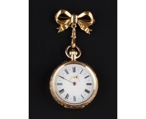 A LADY'S OPEN FACE FOB WATCH, the white enamel dial with Roman numerals and gilt beaded decoration, to a profusely engraved c