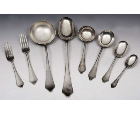 A SILVER DOGNOSE STYLE CANTEEN OF CUTLERY consisting of thirty five table forks, twelve tablespoons, eighteen soup spoons, fo