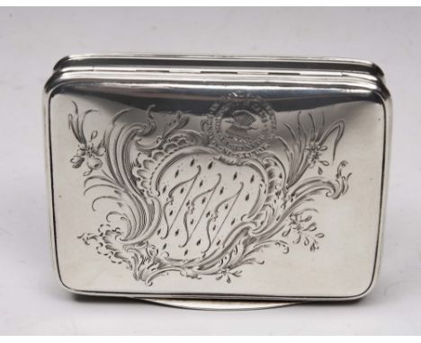 A LATE 18TH CENTURY SILVER SNUFF BOX, rectangular shaped with crested hinged lid, engraved on the base Peter Bowes, Surgeon a