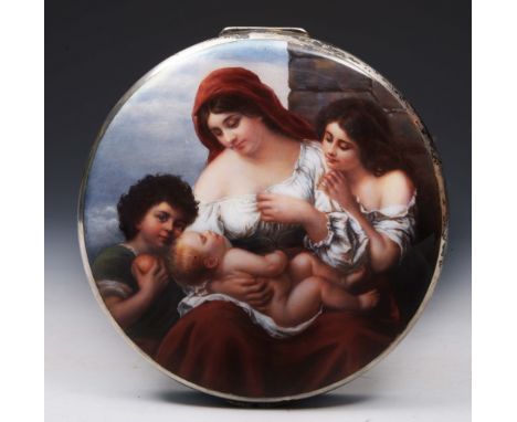 A GERMAN SILVER AND ENAMEL CIRCULAR BOX painted with a classical mother and child scene with gilt interior, stamped 935, 13.5