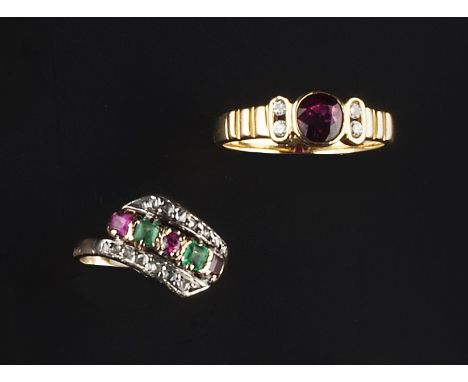 TWO DIAMOND AND GEM SET DRESS RINGS, the first of part-reeded design, collet set with a circular mixed-cut ruby between pairs
