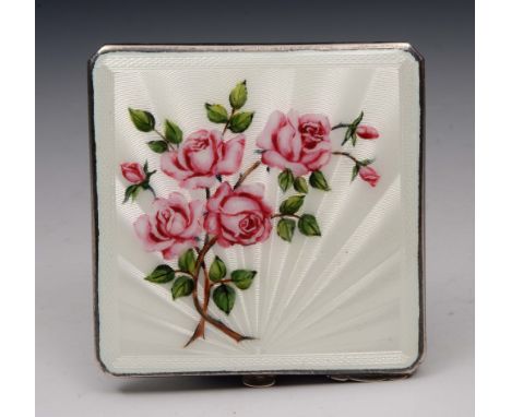 A SILVER AND ENAMEL COMPACT decorated with roses, 7cm square, Birmingham 1963 by Mappin & Webb