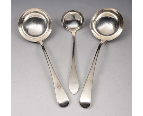 A PAIR OF GEORGE III SILVER OLD ENGLISH PATTERN SAUCE LADLES, 17.5cm long, London 1792 by Richard Crossley; and a silver Celt