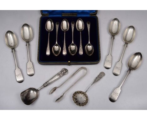 A SET OF SIX SILVER OLD ENGLISH AND BRIGHT CUT PATTERN TEASPOONS, Sheffield 1896 by The Atkin Brothers; five silver fiddle pa