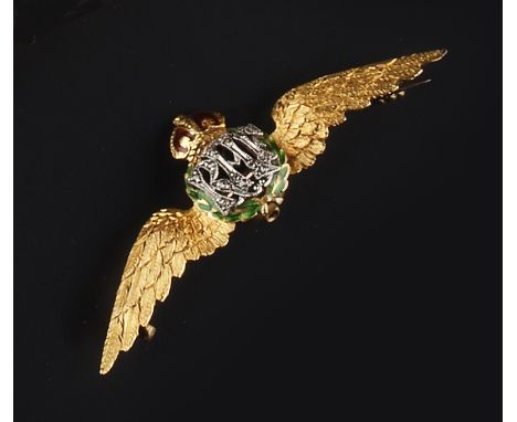 AN ENAMEL AND DIAMOND SET RAF WINGS BROOCH, highlighted with lasque-cut diamonds and red and green enamel, the reverse stampe