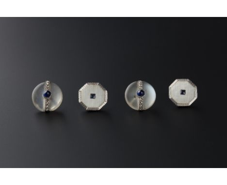 A COLLECTION OF DRESS STUDS, comprising a set of three moonstone, sapphire and diamond set studs, with French eagle's head co