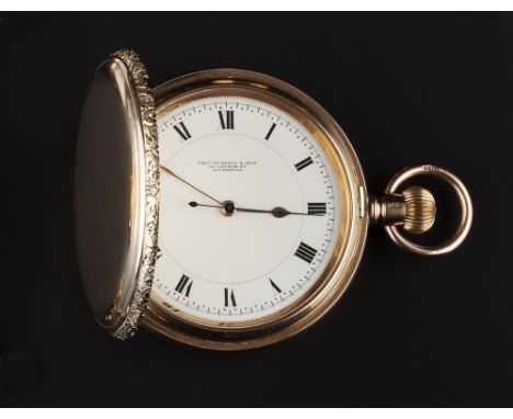 A 9CT GOLD HUNTER POCKET WATCH BY THOMAS RUSSELL & SON, LIVERPOOL,  the white enamel dial with Roman numerals and centre seco