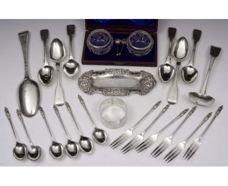 A COLLECTION OF SILVER TO INCLUDE: a Hanovarian and shell backed tablespoon, London 1748 by Robert Perth; a silver fiddle bac