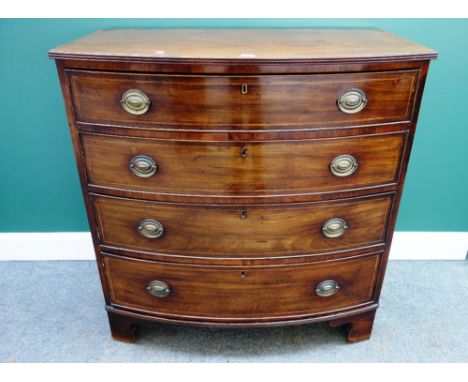 A Regency mahogany bowfront chest of four long graduated drawers, on bracket feet, 100cm wide.
