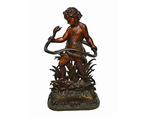 A Coalbrookdale cast iron stick stand, mid-19th century, modelled and cast with the infant Hercules wrestling a snake, with f