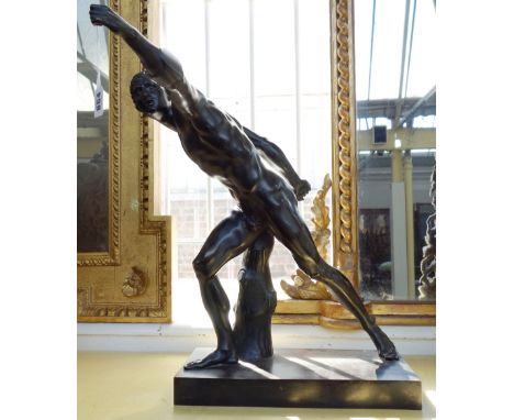 After the antique; a late 19th century bronze figure modelled and cast as a Romanesque male nude, on a rectangular plinth bas