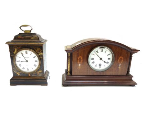 A Chinoiserie decorated mantel clock, 20cm high, and an Edwardian mahogany cased mantel clock, with two keys. (2)