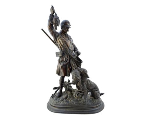 E. Delabrierre (1829-1912), 'Le Coup Double', a patinated bronze sculpture modelled and cast as a hunter and dog, each with a