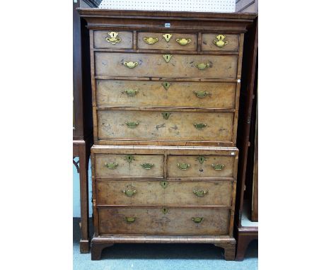 An 18th century walnut chest on chest of three short over three long graduated drawers, the base with two short over two long
