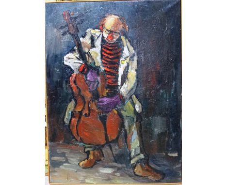 Bernard Lignon (b.1928), Clown playing a double bass, oil on canvas, 99.5cm x 72.5cm. DDS