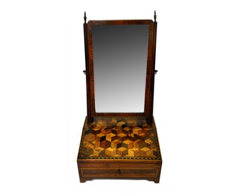 A 19th century toilet mirror, the swing mirror over a specimen wood deceptive cube parquetry inlaid base, with flip-over slop