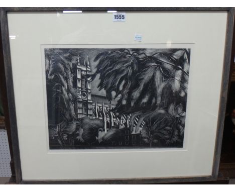 John Farleigh (1900-1965), Westminster Abbey through trees, linocut print, 28cm x 38cm. DDS.