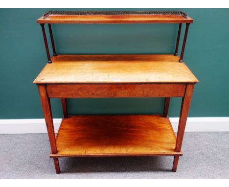 An inlaid mahogany side table, the open shelf back over two rectangular platforms, on tapering square supports, 87cm wide.