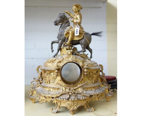 A Continental gilt bronze cased mantel clock, late 19th century, the surmount cast with a Civil War soldier on horseback, wit