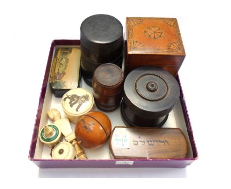 A quantity of small collectables, including; an 18th century papier mâché rectangular snuff box painted with a monkey tauntin