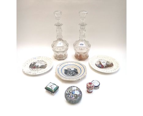 A group of ceramics and glass, mostly 19th century, comprising; a pair of glass decanters and stoppers; three pottery nursery