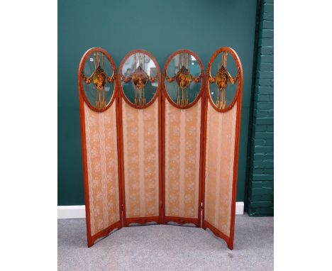 A late 19th century painted satinwood four-fold arch top, semi-glazed draft screen, 164cm wide x 179cm high (a.f). 