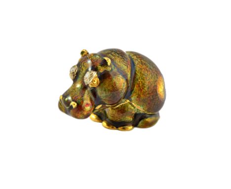 An Italian gold, enamelled and diamond set novelty pill box, formed as a seated hippopotamus, the body with pale brown/green 