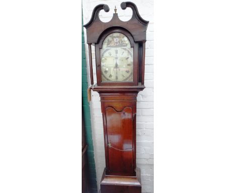 An 18th century oak cased twenty-four hour longcase clock, the arched top eleven inch dial with subsidiary day of the month a