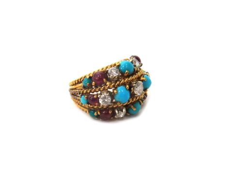 A gold, diamond, cabochon ruby and turquoise set ring, in a three row wirework design, mounted with the principal circular cu