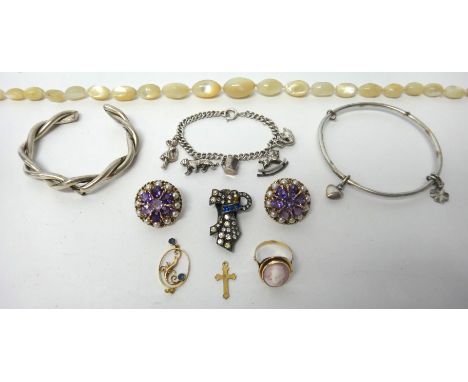 A pair of gold, amethyst and cultured pearl set circular cluster earrings, the backs with screw fittings, a gold mounted oval