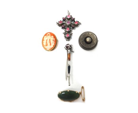 A ruby, foil backed red gemstone and diamond set pendant cross, having scroll pierced decoration, probably circa 1800, a 9ct 