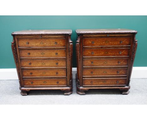 A pair of marquetry inlaid mahogany diminutive chests of 18th century style, each with brushing slide over five long graduate