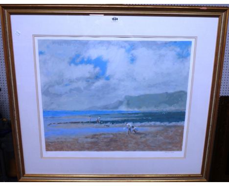 Robert Norman Hepple (1908-1994), Children on the beach, Isle of Wight, colour lithograph, signed and numbered 60/185, 60cm x