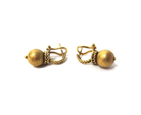 A pair of gold earrings, each with a textured bead, having a herringbone linkage surmount, with post and butterfly clip fitti