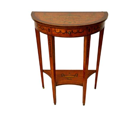 A late 19th century marquetry inlaid rosewood banded satinwood semi elliptic console table with single frieze draw on taperin