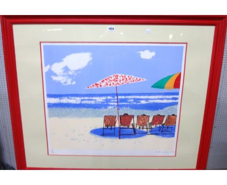 Ruskin Spear (1911-1990), Deckchairs and sunshades on the beach, colour lithograph, signed, numbered 79/140 and dated 1989 in