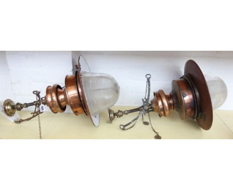 A pair of industrial copper and enamel ceiling lights- Ex Long Melford railway station, early 20th century (formerly gas or o