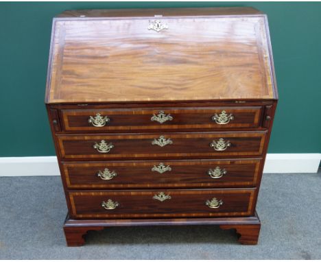A George III fruitwood banded mahogany bureau, the fall enclosing a fitted interior over four long graduated drawers, on brac