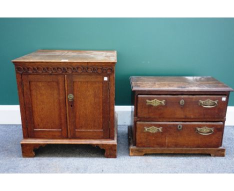 An 18th century and later oak two door cupboard on bracket feet, 54cm wide, together with a George III and later small oak tw