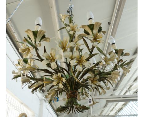 A polychrome painted metal six light electrolier, 20th century, of intertwined floral form, 62cm high.  