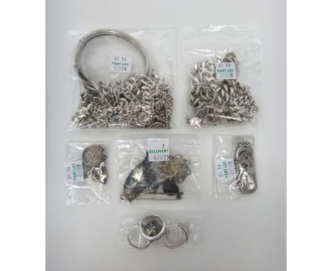 Mostly silver jewellery, comprising; seven neckchains and necklaces, four bracelets, an oval hinged bangle, five rings, four 