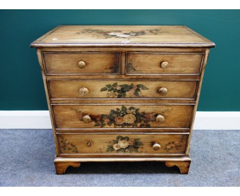 A small mid 18th century style floral and scumble painted chest of two short and three long graduated drawers, on bracket fee