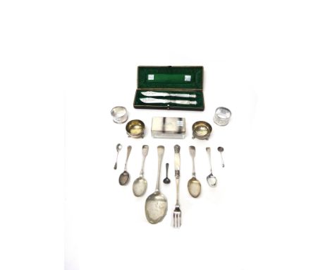 Silver and silver mounted wares, comprising; a pair of Victorian circular salts, two napkin rings, a rectangular glass toilet