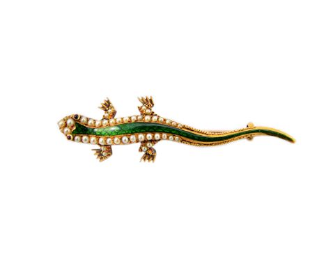 A gold, seed pearl set and green enamelled brooch, designed as a lizard, having cabochon ruby set eyes, detailed 15, gross we