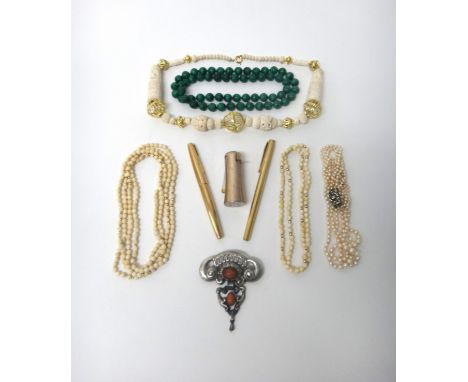 A three row necklace of graduated cultured pearls, on a colourless paste set rectangular clasp, a single row necklace of mala