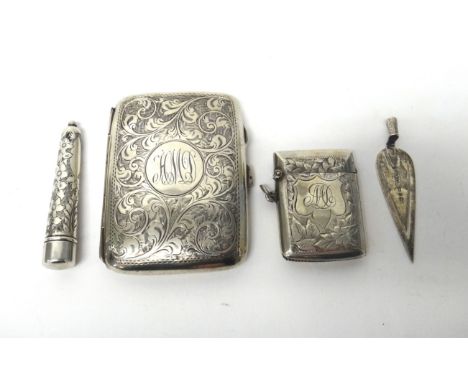 Silver, comprising; a rectangular cigarette case, with feathered scroll engraved decoration, Birmingham 1918, a rectangular v