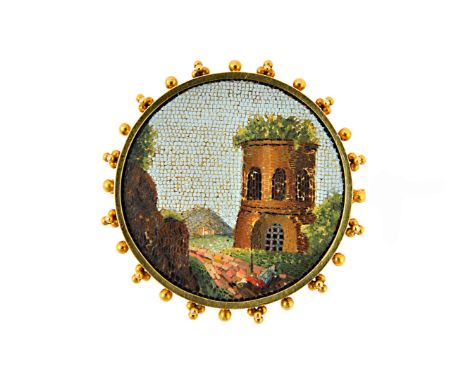 A Victorian gold micro mosaic brooch depicting a guard at ease outside a gatehouse, within a circular beaded surround, 4.4cm 