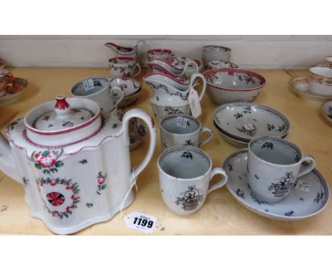 A group of New Hall and New Hall type porcelain, late 18th century, comprising; a `338' pattern silver shaped teapot and cove