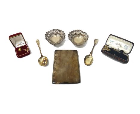 A pair of 9ct gold, cut cornered rectangular cufflinks, with banded decoration, weight 4.6 gms, a gold and enamelled military